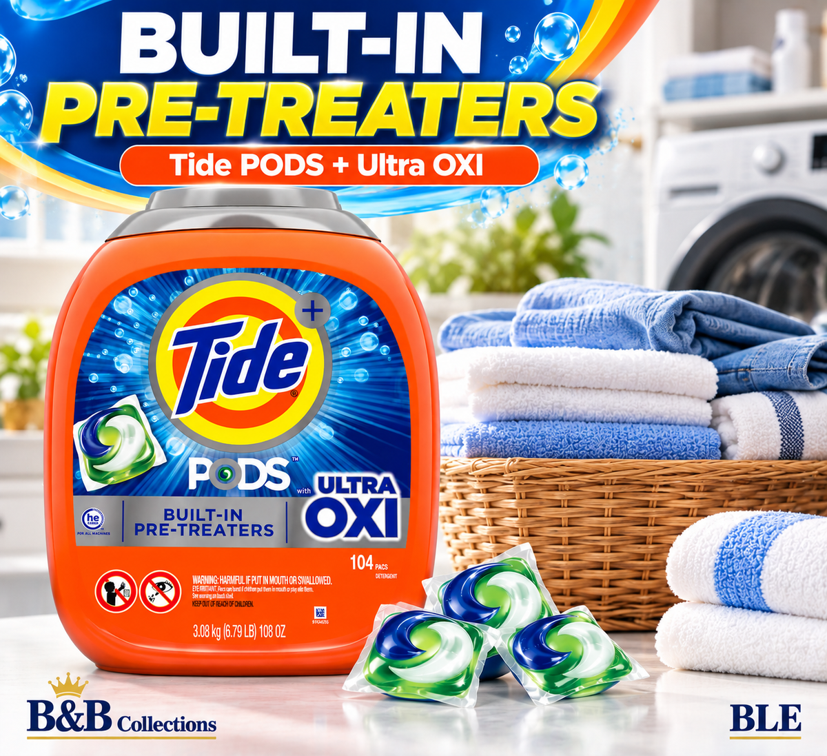 Tide PODS + Ultra OXI Laundry Detergent Pacs, Built-In Pre-Treaters, HE Compatible, 104 Count, 108 oz