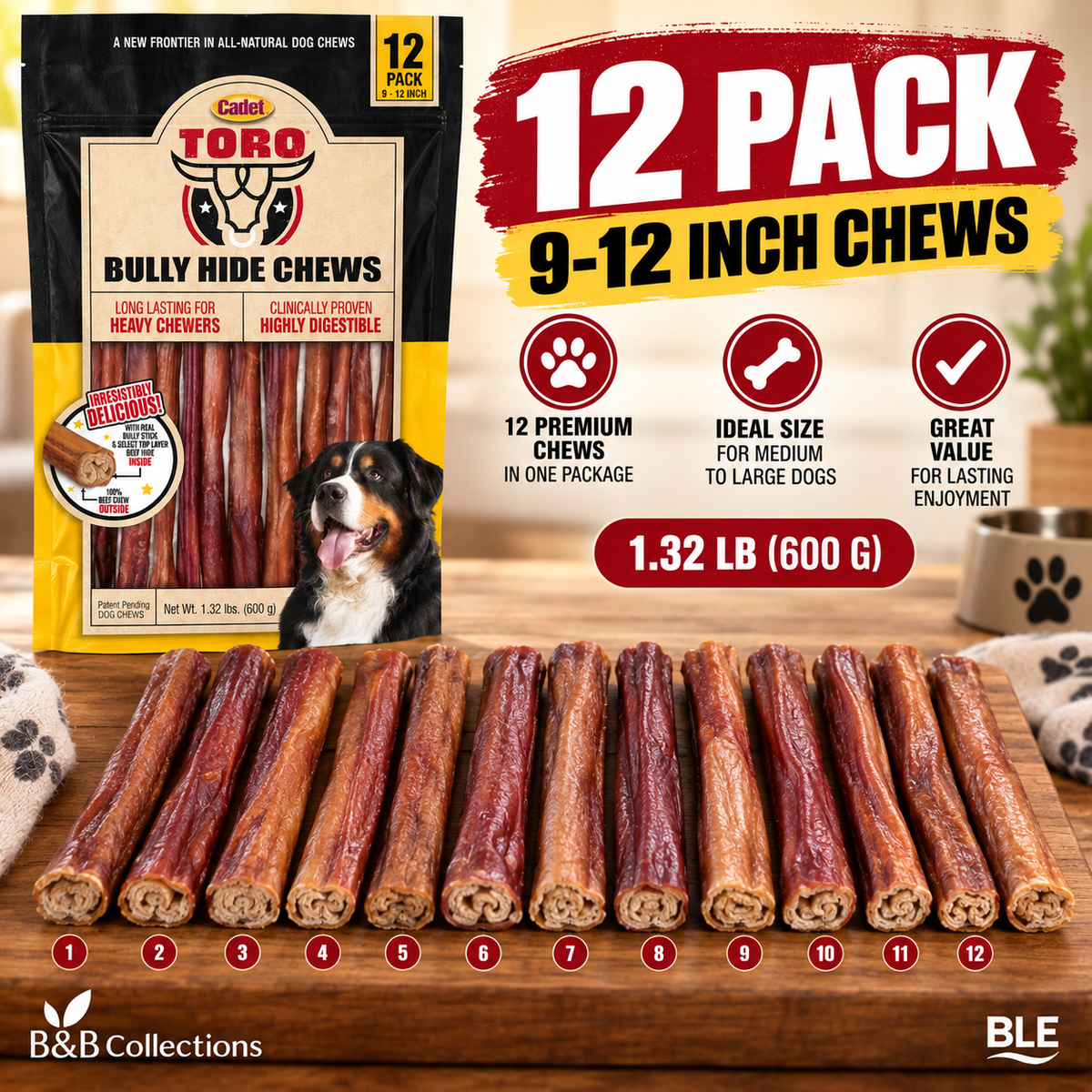 Cadet Toro Bully Hide Chews for Dogs, 9–12 Inch, Long Lasting Beef Hide Chews, 12 Pack, 1.32 lb