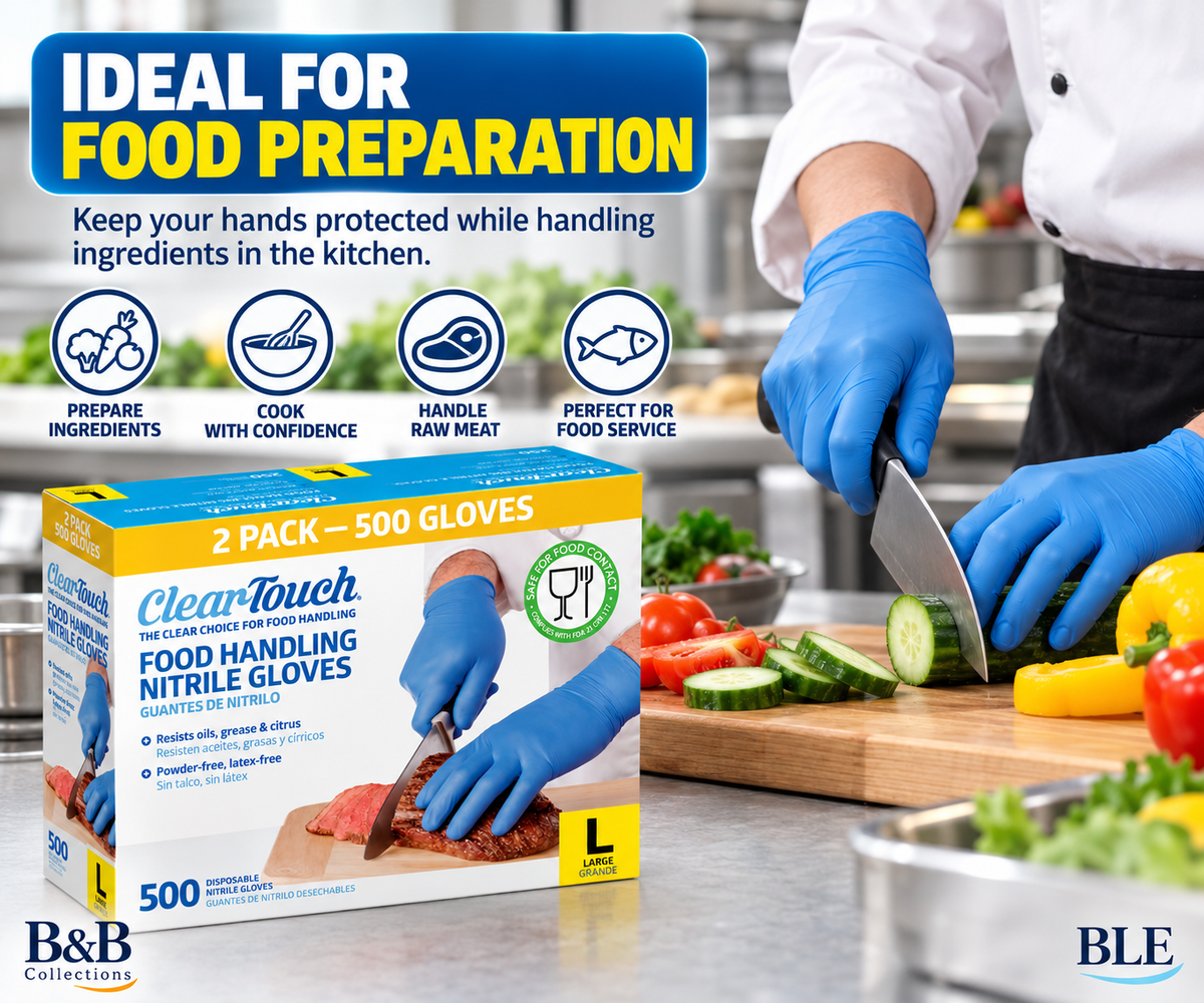 Medline Clear-Touch Food Handling Nitrile Gloves, Latex-Free & Powder-Free, Blue Disposable Gloves, Large, 2-Pack, 500 Count (250 per Box)