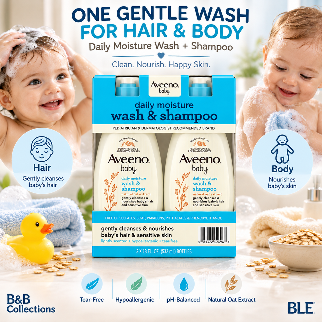 Aveeno Baby Daily Moisture Wash & Shampoo with Natural Oat Extract, Tear-Free & Hypoallergenic, 18 fl. oz. Each, 2-Pack