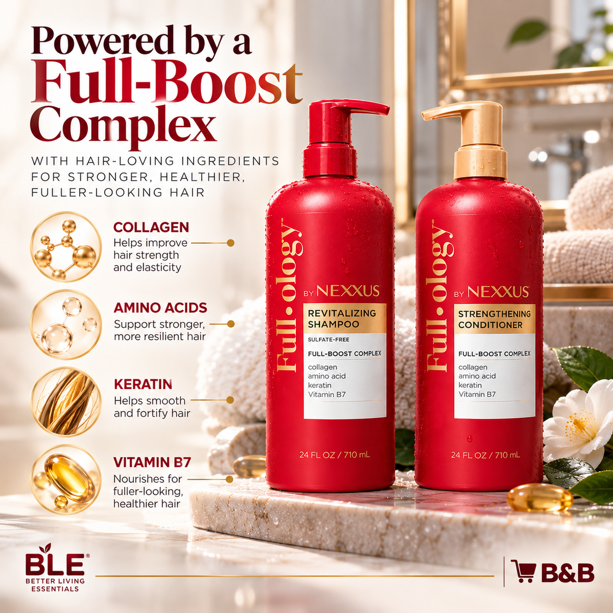 Full-ology by Nexxus Shampoo and Conditioner Set, Revitalizing & Strengthening with Collagen, Amino Acid, Keratin & Vitamin B7, 24 fl oz Each, 2-Pack