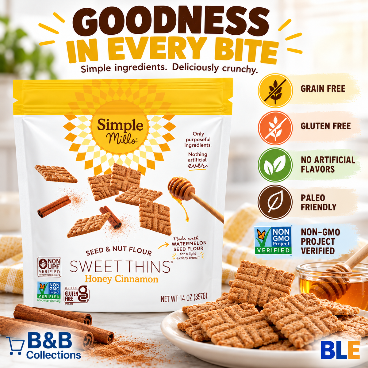 Simple Mills Sweet Thins Honey Cinnamon Cookies, Seed & Nut Flour, Gluten Free, Non-GMO, Paleo Friendly, 14 oz