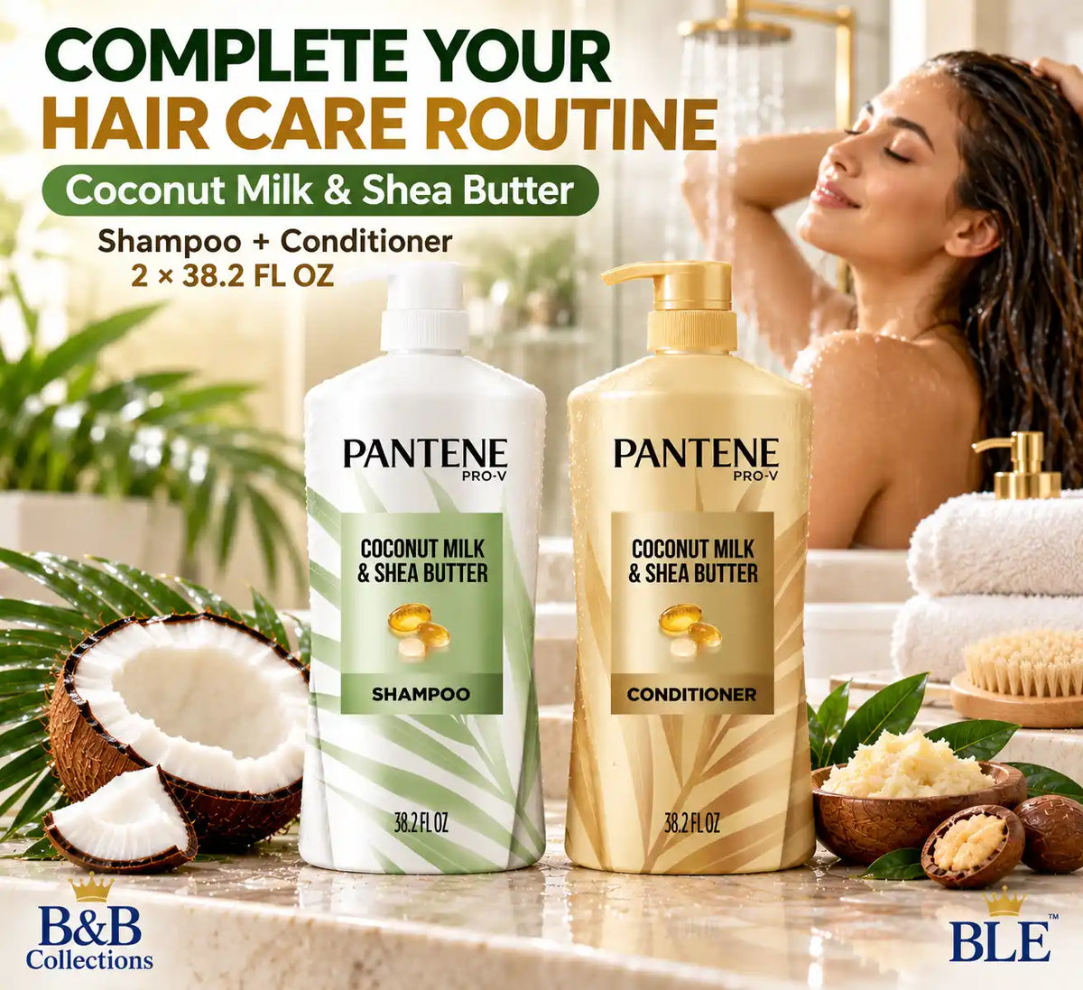 Pantene Pro-V Coconut Milk & Shea Butter Shampoo & Conditioner Set, 38.2 fl oz Each, 2 Pack, 76.4 fl oz Total