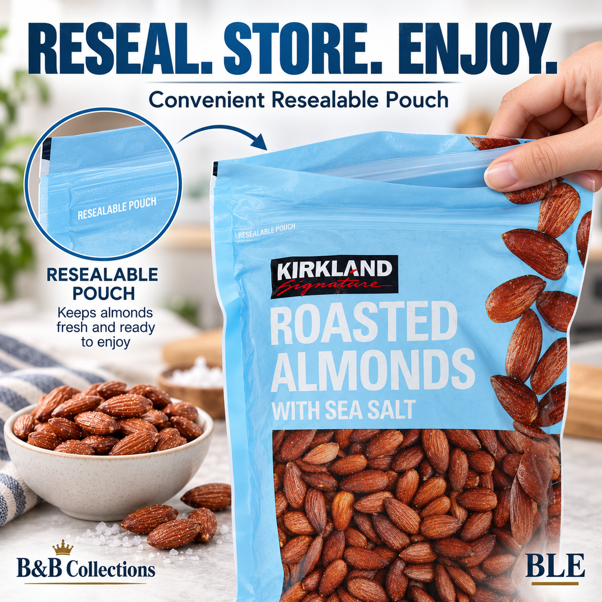 Kirkland Signature Roasted Almonds with Sea Salt, Resealable Pouch, 40 oz (2.5 lb)