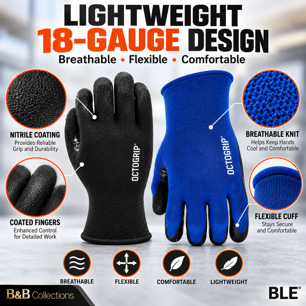 Octogrip Nitrile Coated Work Gloves, 18 Gauge Breathable Touchscreen Work Gloves, Size Large, 6 Pairs