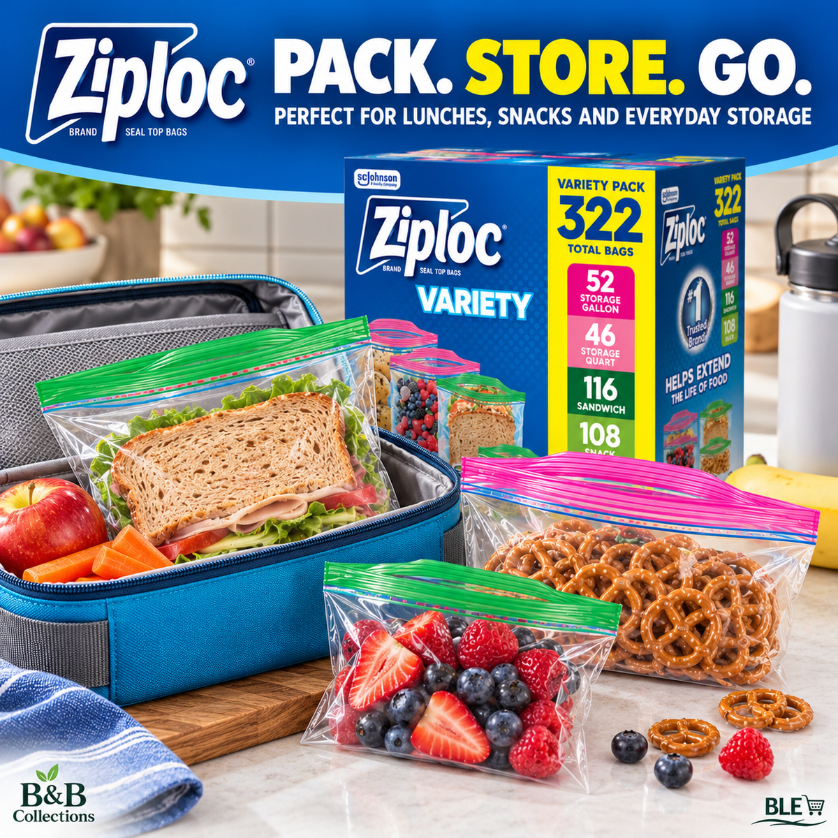 Ziploc Seal Top Food Storage Bags Variety Pack, 322 Count, Gallon, Quart, Sandwich & Snack Bags, Easy Open Tabs