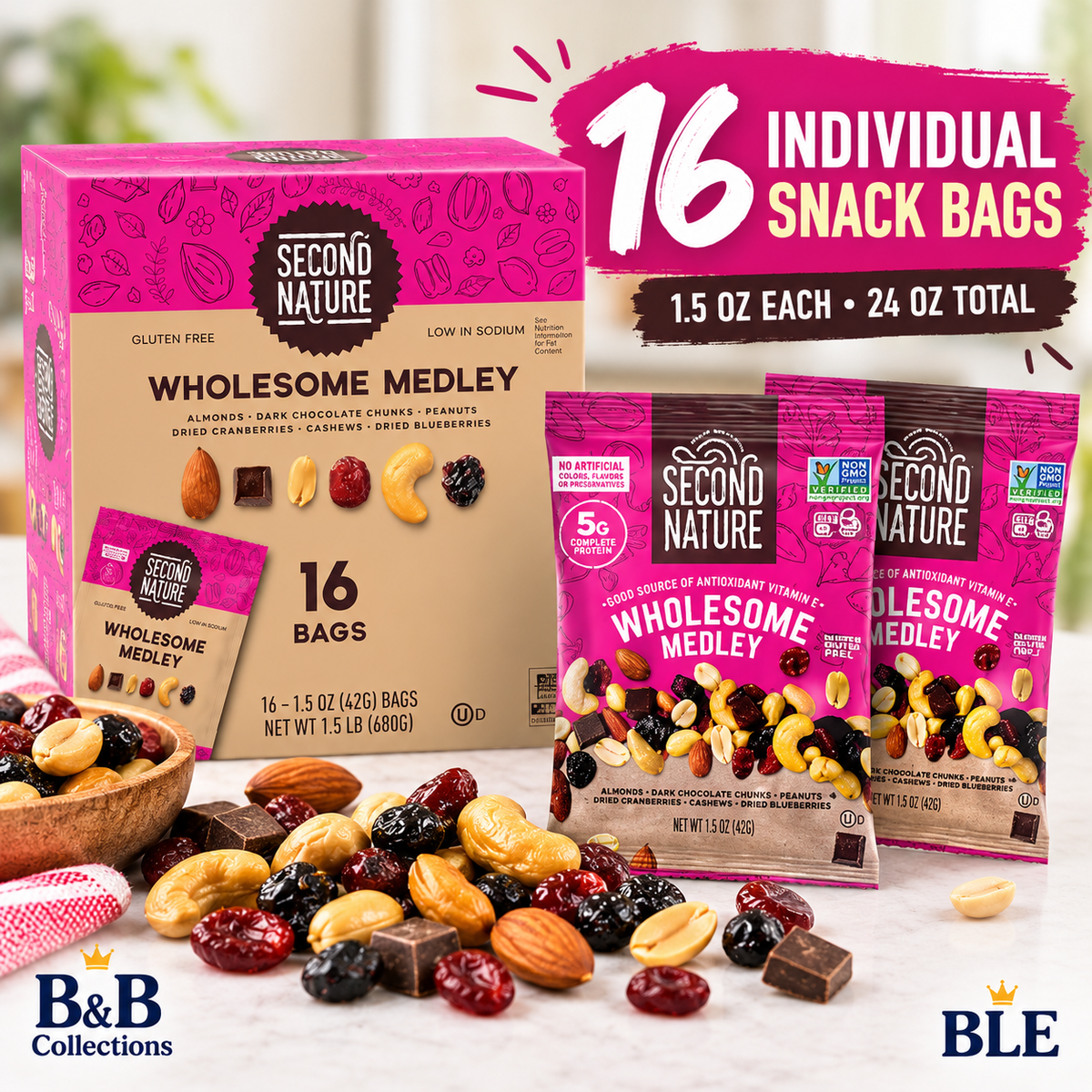 SECOND NATURE Wholesome Medley Trail Mix, Almonds, Cashews, Peanuts, Dried Fruit & Dark Chocolate, Gluten-Free, 1.5 oz Individual Bags, 16 Count