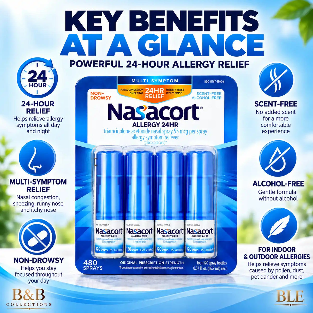 Nasacort Allergy 24HR Multi-Symptom Nasal Spray, 55 mcg, Non-Drowsy, Scent-Free & Alcohol-Free, 120 Sprays per Bottle, 480 Total Sprays, 4 Pack