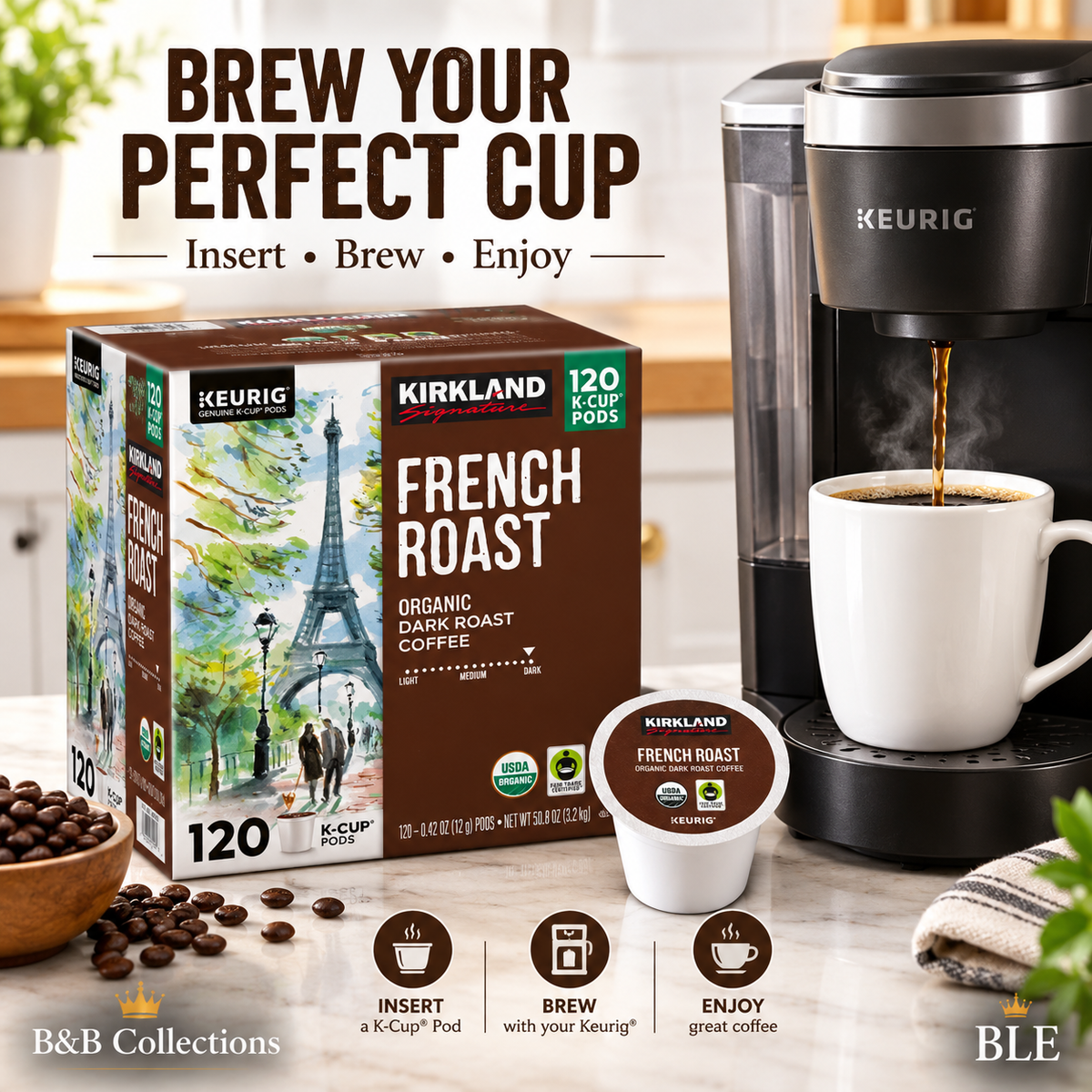 Kirkland Signature Organic French Roast Coffee K-Cup Pods, Dark Roast, Keurig Compatible, USDA Organic, Fair Trade Certified, 120 Count