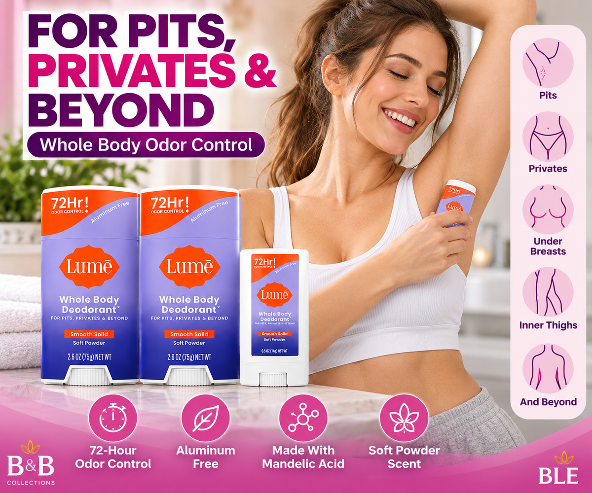 Lume Whole Body Deodorant, Soft Powder Scent, 3 Pack, Aluminum-Free, 72-Hour Odor Control, Smooth Solid Deodorant for Pits, Privates & Body, 2 Full Size + 1 Travel Size