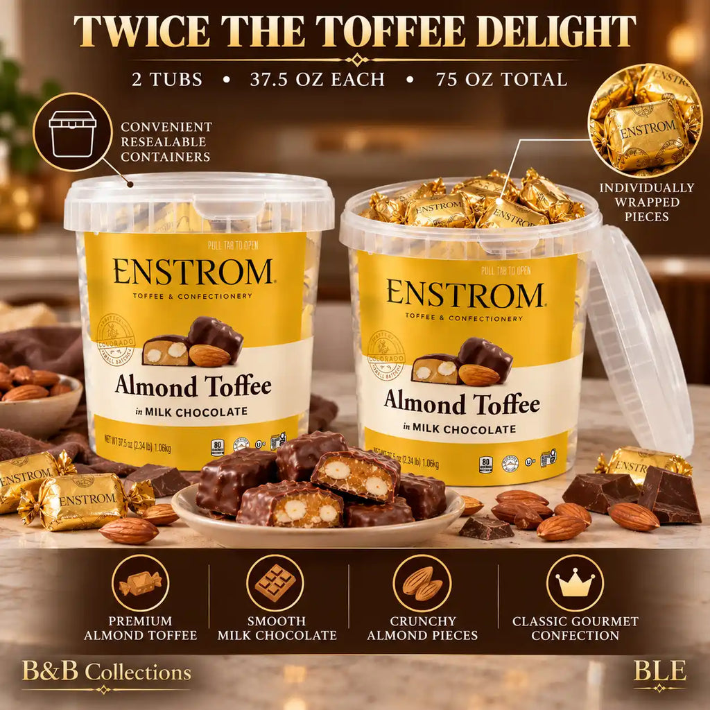 Enstrom Almond Toffee in Milk Chocolate, 37.5 oz Each, Premium Chocolate-Covered Almond Toffee, Crunchy Butter Toffee with Roasted Almonds, Gourmet Candy Gift Tubs, 2-Pack (75 oz Total)