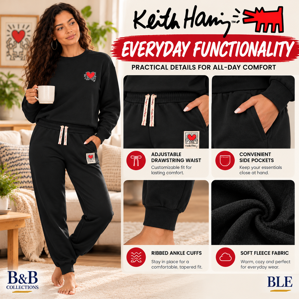 Keith Haring Women's 2-Piece Crewneck Sweatshirt & Jogger Fleece Lounge Set, Black, Medium