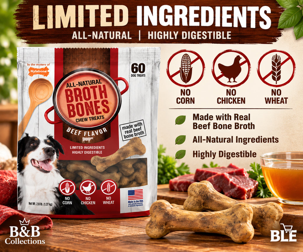 Nylabone Broth Bones All-Natural Edible Dog Chew Treats, Beef Flavor, Made with Real Beef Bone Broth, Highly Digestible, 60 Count