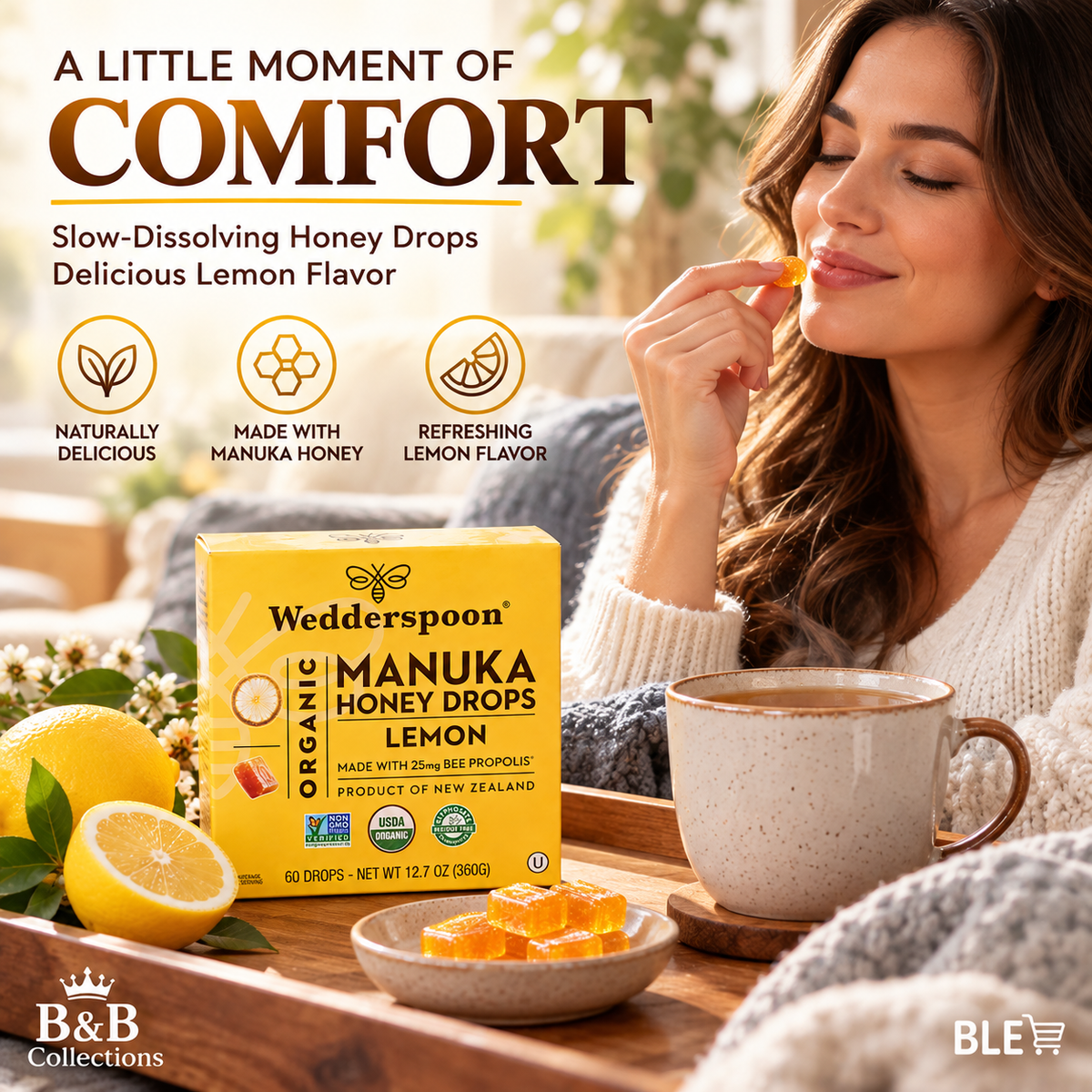 Wedderspoon Organic Manuka Honey Drops, Lemon Flavor, Made with 25mg Bee Propolis, Slow-Dissolving Honey Lozenges, 60 Drops, 12.7 oz (360g)