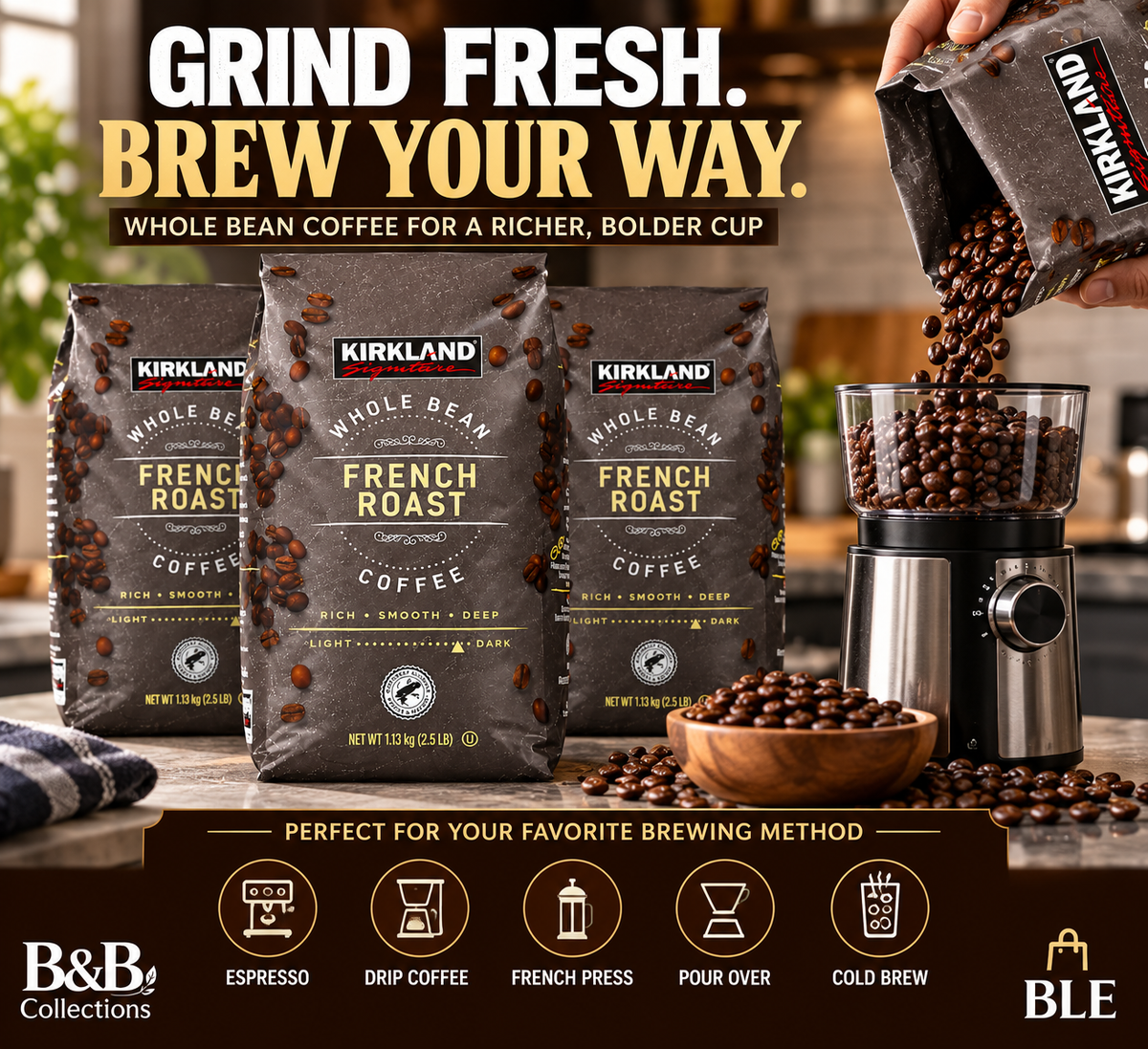 Kirkland Signature French Roast Whole Bean Coffee, Dark Roast, Rich & Smoky Flavor, 2.5 lb Bags, 3-Pack (7.5 lbs Total)