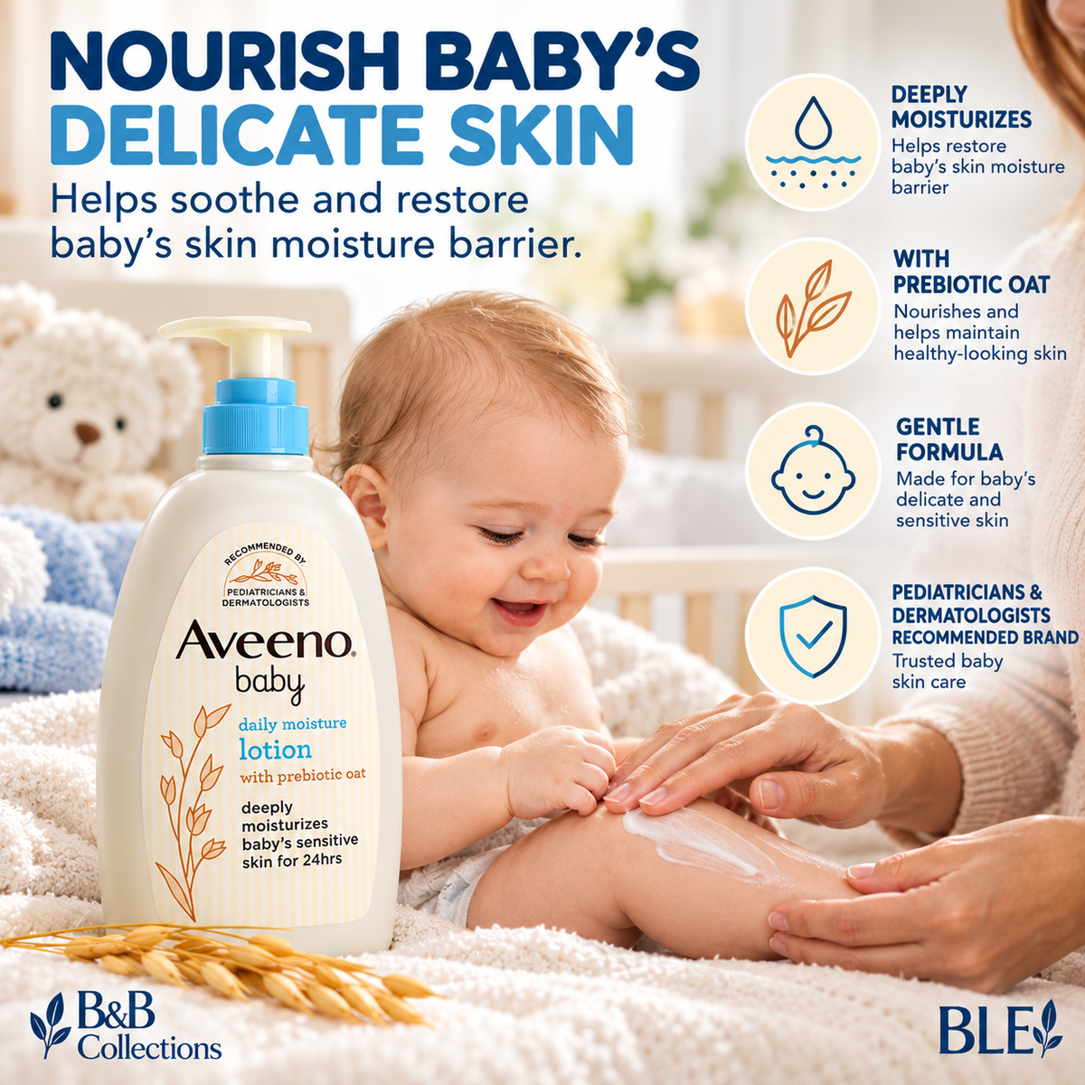 Aveeno Baby Daily Moisture Set, Wash & Shampoo 33 fl oz + Lotion 18 fl oz, With Natural Oat Extract & Prebiotic Oat, Gentle Baby Skin Care, 2-Piece Set