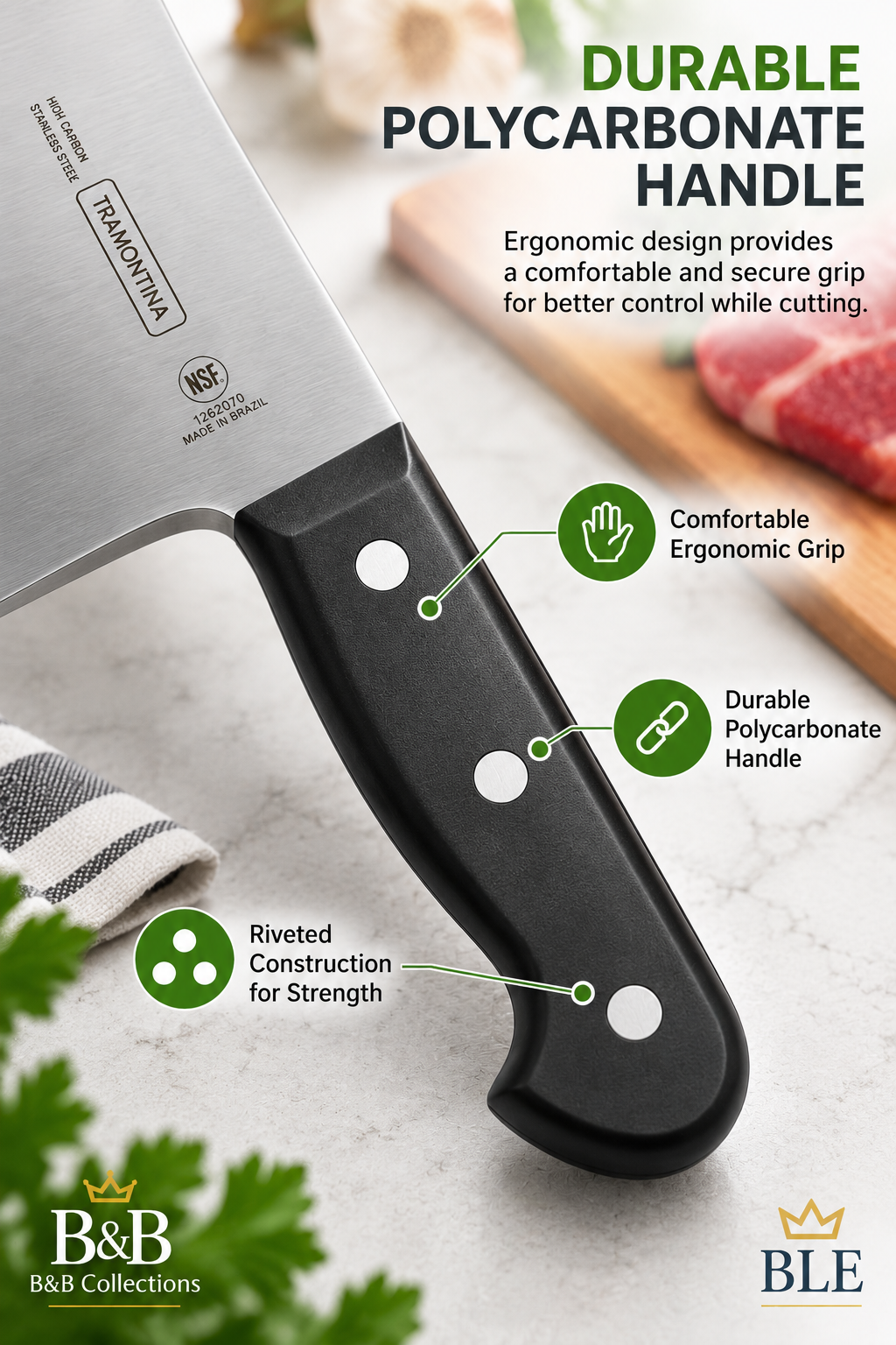 Tramontina Pro Line 6-Inch Chef's Cleaver, High-Carbon Stainless Steel Blade, Black Polycarbonate Handle, NSF Certified, Professional Kitchen Meat Cleaver