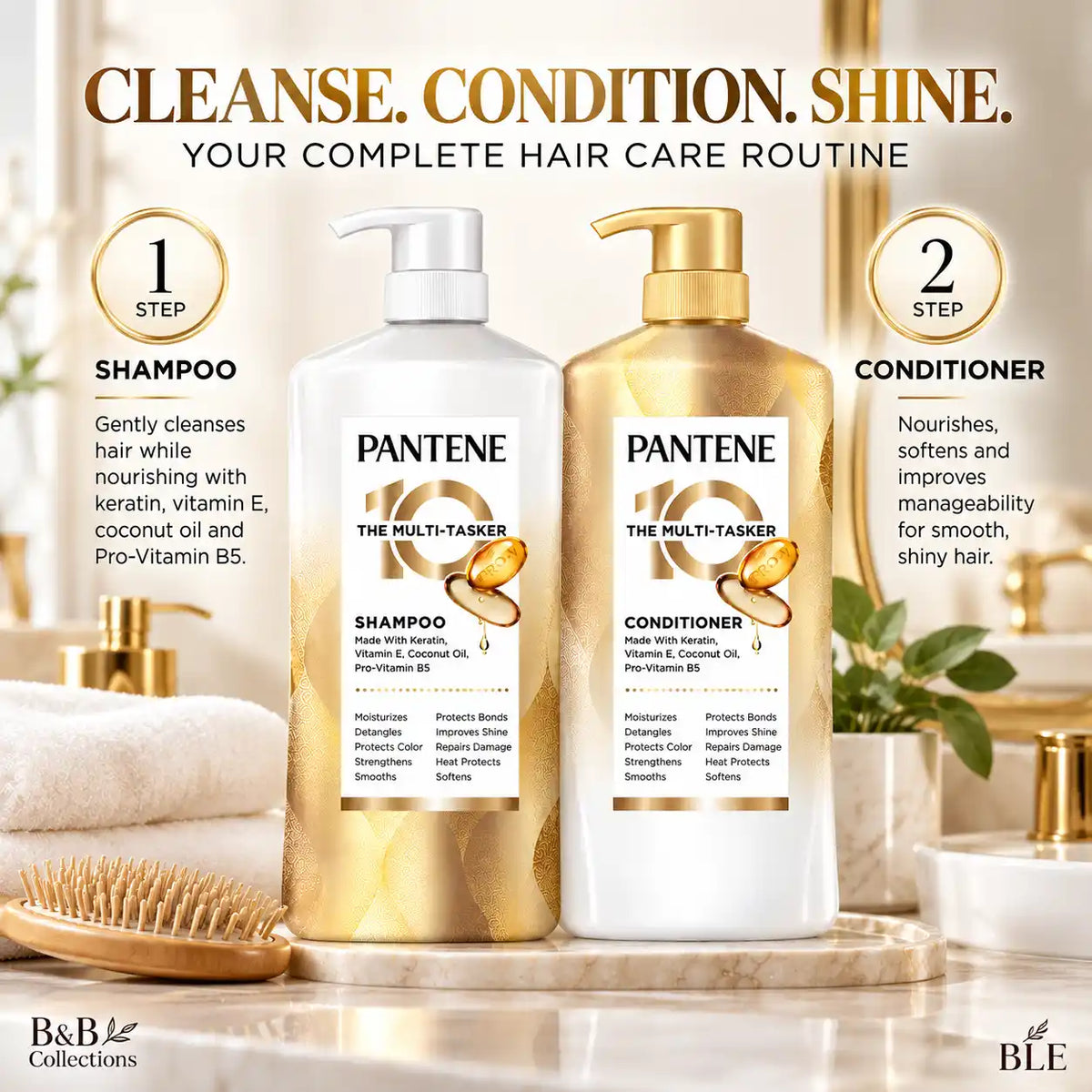 Pantene 10 The Multi-Tasker Shampoo & Conditioner Set, Keratin, Vitamin E, Coconut Oil & Pro-Vitamin B5, Moisturizing, Strengthening & Smoothing Hair Care, 2-Piece Set