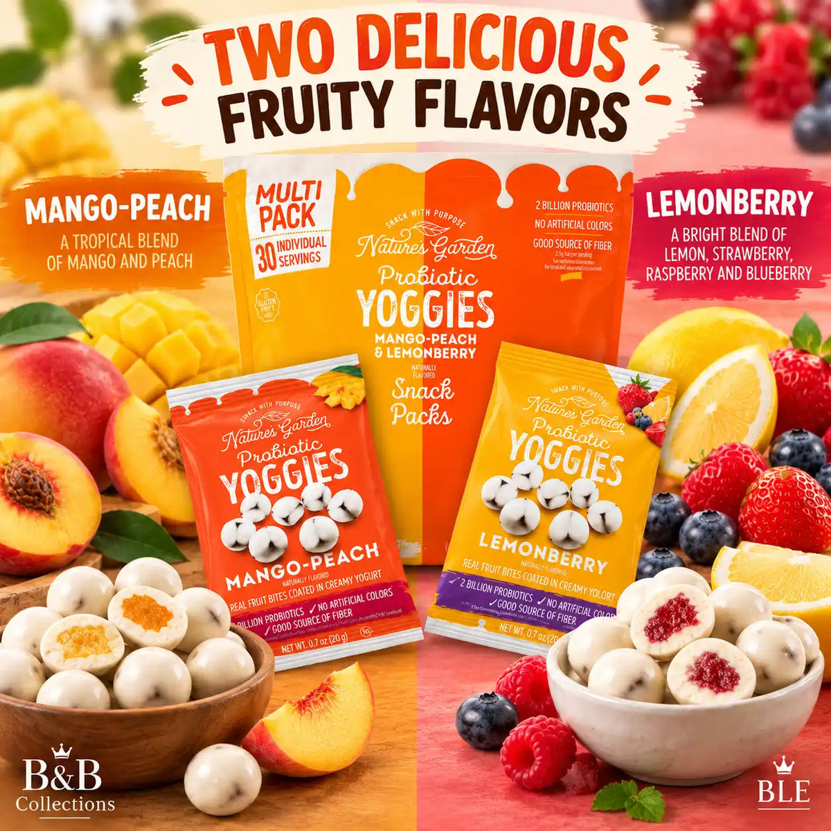 Nature's Garden Probiotic Yoggies Fruit Snacks, Mango-Peach & Lemonberry Flavors, Yogurt-Coated Fruit Bites, 2 Billion Probiotics, Gluten-Free, 30 Individually Packaged Packs, 21 oz