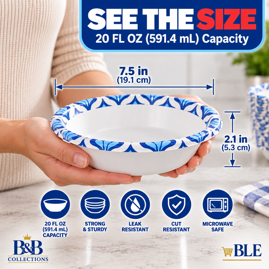 Dixie Ultra 20 oz Disposable Paper Bowls, Heavy-Duty, Soak-Proof, Microwave-Safe, Cut-Resistant, Blue & White Design, 135 Count