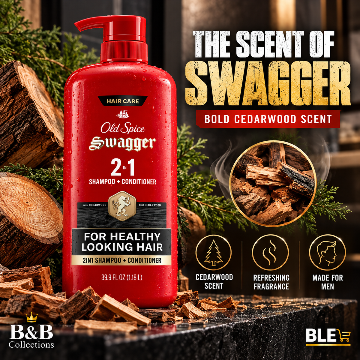 Old Spice Swagger 2-in-1 Shampoo and Conditioner for Men, Cedarwood Scent, For Healthy Looking Hair, 39.9 fl oz