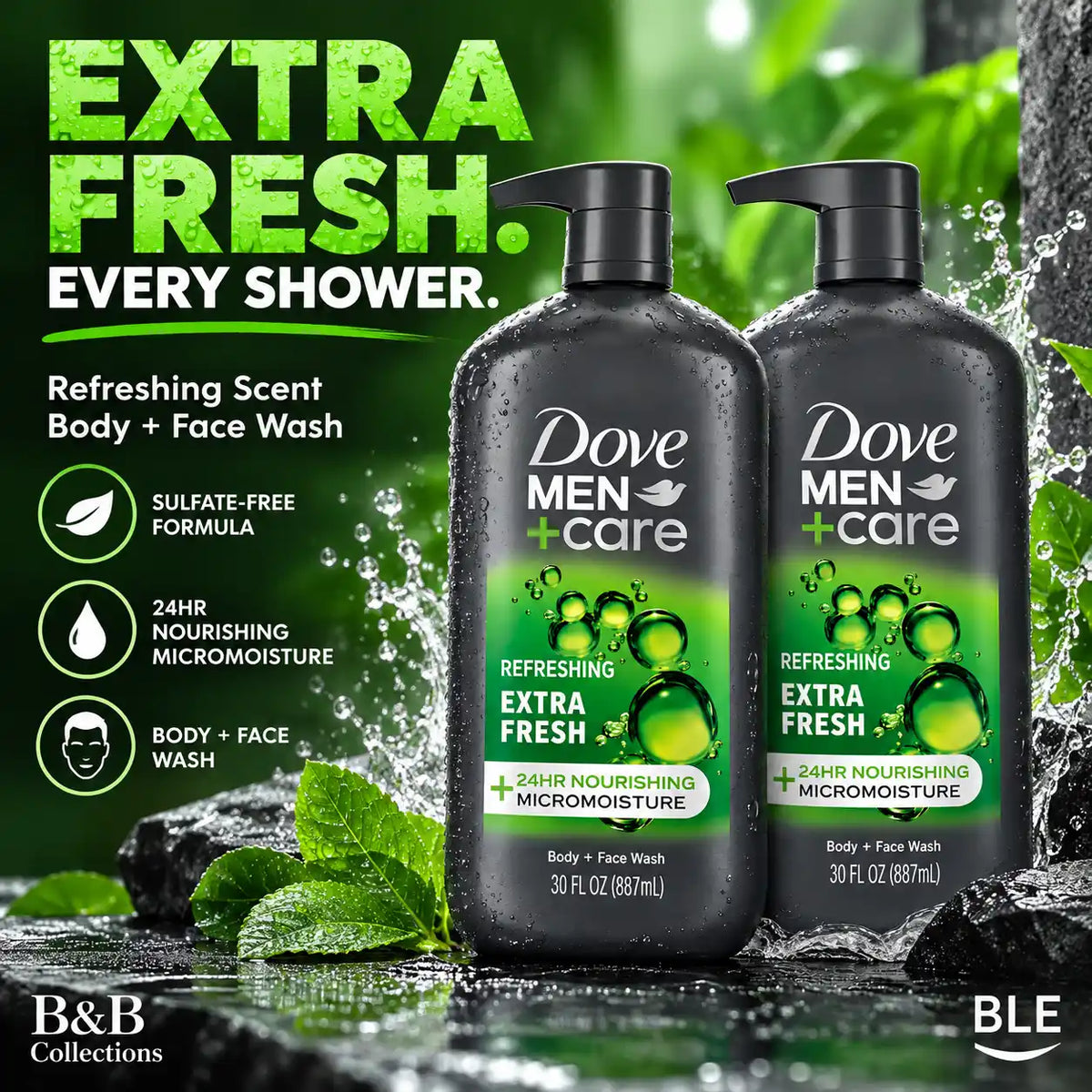 Dove Men+Care Extra Fresh Body & Face Wash, Sulfate-Free, 24HR Nourishing MicroMoisture, Refreshing Scent, 30 fl oz Each, 2-Pack (60 fl oz Total)