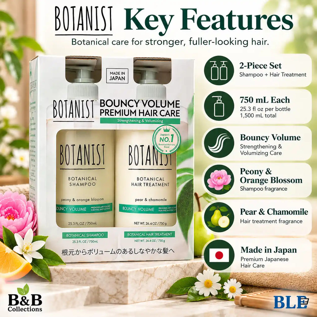 BOTANIST Bouncy Volume Premium Hair Care Set, Botanical Shampoo Peony & Orange Blossom and Hair Treatment Pear & Chamomile, 750 mL Each, 2-Piece Set, Made in Japan