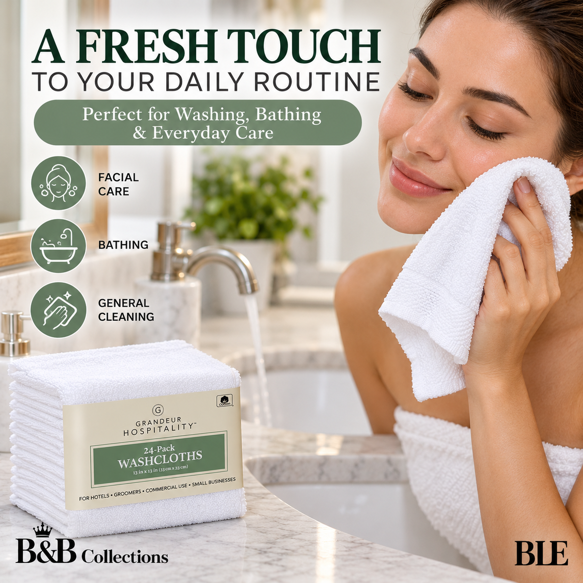 Grandeur Hospitality Washcloths, 100% Cotton, Soft & Absorbent, 13" x 13", White, 24-Pack, for Bathroom, Hotels, Spa & Everyday Use