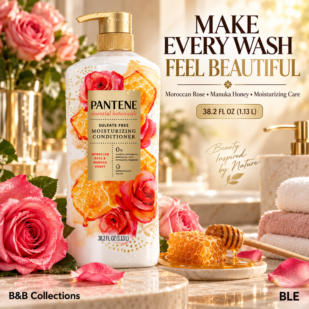 Pantene Essential Botanicals Moisturizing Conditioner with Moroccan Rose & Manuka Honey, Sulfate Free, 38.2 fl oz