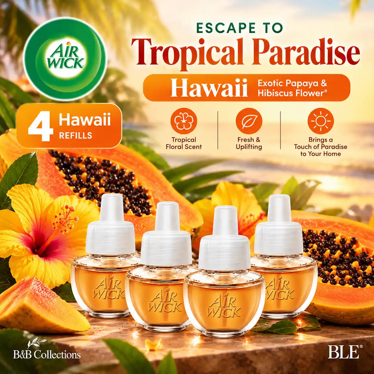 Air Wick Advanced Plug-In Scented Oil Starter Kit, 1 Warmer + 9 Refills, Apple Delight & Hawaii Exotic Papaya Hibiscus Flower, Up to 720 Days of Fragrance