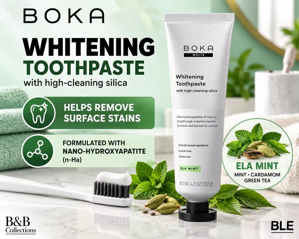 Boka Fluoride-Free Ela Mint Whitening Toothpaste with Nano-Hydroxyapatite & High-Cleaning Silica, 4.3 oz Tubes, 4 Pack, 17.2 oz Total