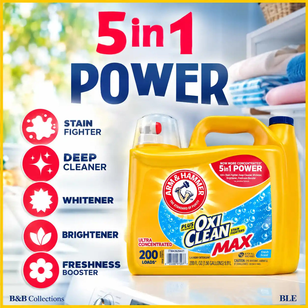 ARM & HAMMER Plus OxiClean MaAX Liquid Laundry Detergent, Fresh Scent, Ultra Concentrated 5-in-1 Power, 200 Loads, 200 fl oz