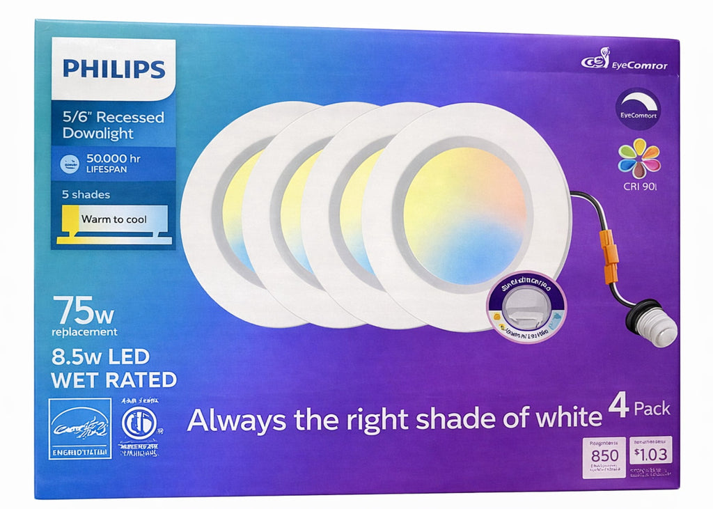 Philips 5/6 LED Recessed 4-Pack – Adjustable White (2700K–5000K), 75W Replacement, Fits 5” & 6” Cans