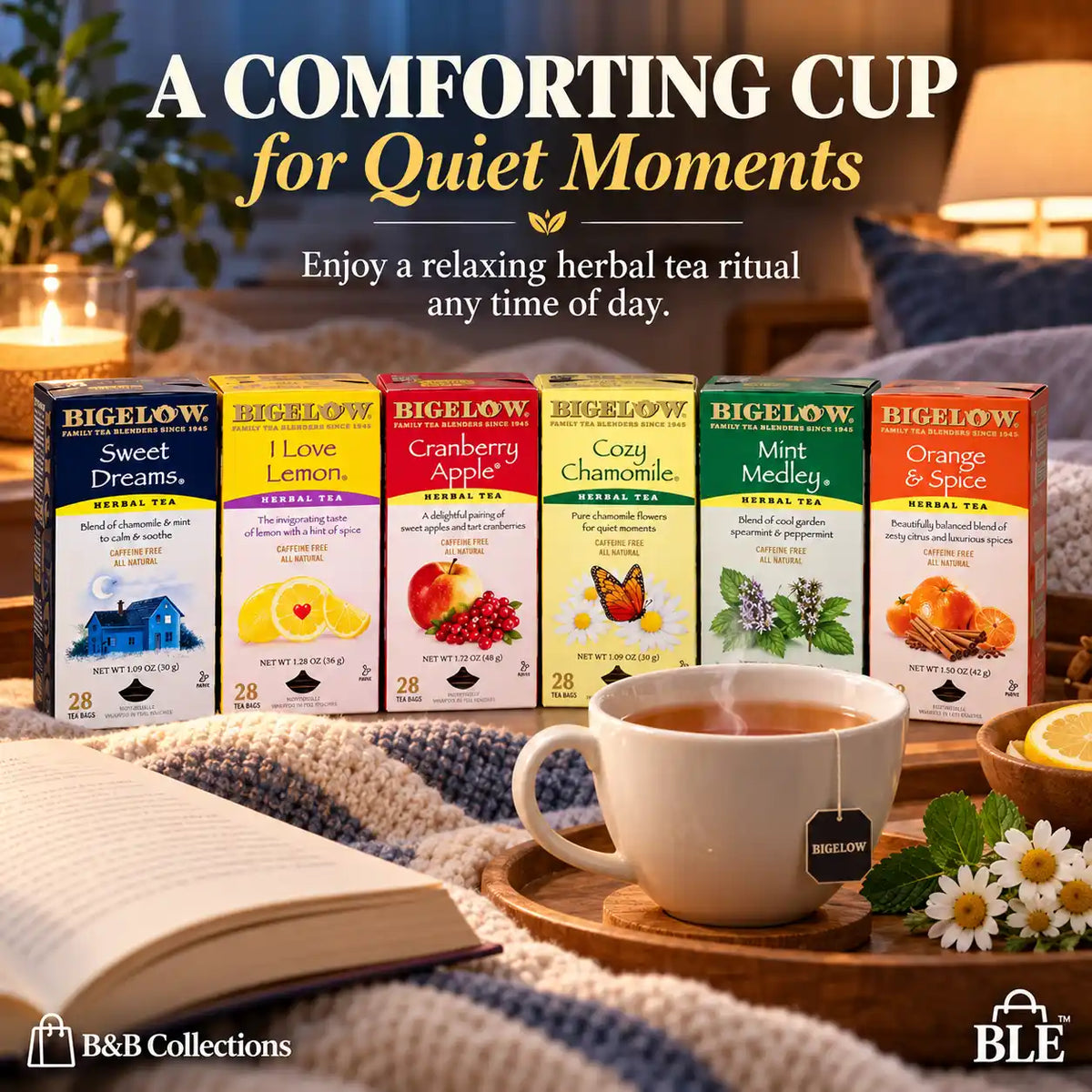 Bigelow Herbal Tea Variety Pack, 6 Assorted Flavors, Sweet Dreams, I Love Lemon, Cranberry Apple, Cozy Chamomile, Mint Medley & Orange & Spice, Caffeine-Free Herbal Tea