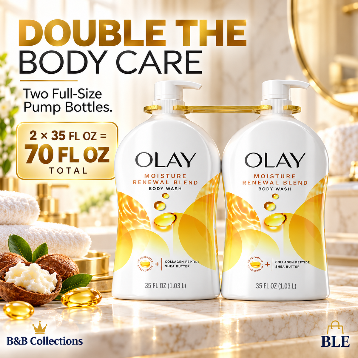 Olay Ultra Moisture Renewal Blend Body Wash with Collagen Peptide & Shea Butter, Moisturizing Body Cleanser, 35 fl oz Each, 2-Pack (70 fl oz Total)