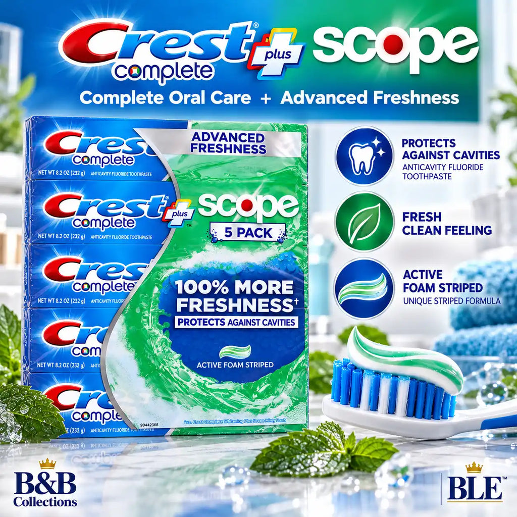 Crest Complete Plus Scope Advanced Freshness Anticavity Fluoride Toothpaste, Active Foam Striped, 8.2 oz Each, 5 Pack, 41 oz Total