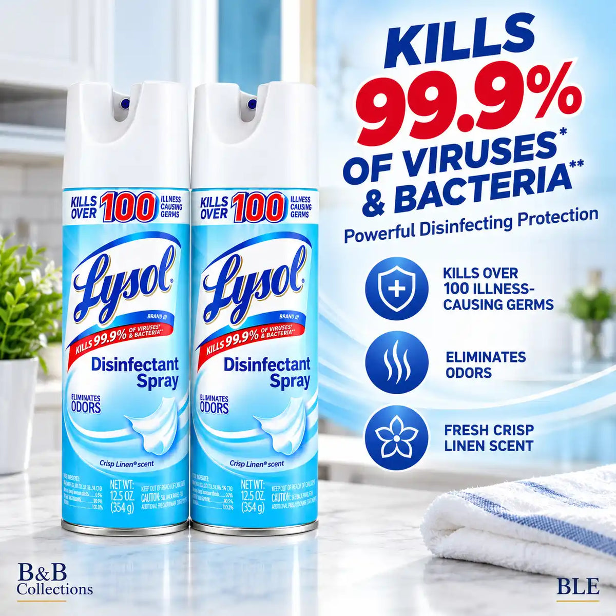 Lysol Disinfectant Spray, Crisp Linen Scent, Kills 99.9% of Viruses & Bacteria, Eliminates Odors, 12.5 oz Cans (Pack of 2)