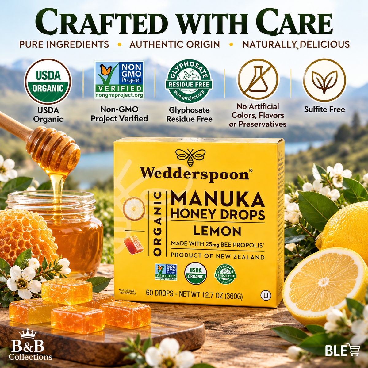 Wedderspoon Organic Manuka Honey Drops, Lemon Flavor, Made with 25mg Bee Propolis, Slow-Dissolving Honey Lozenges, 60 Drops, 12.7 oz (360g)