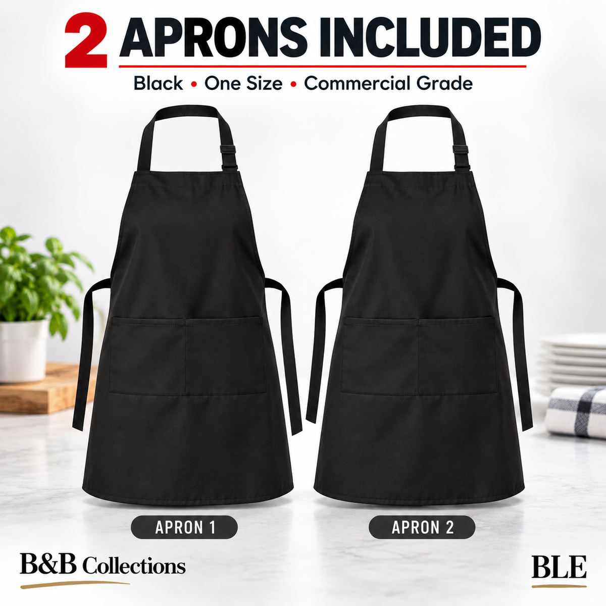 Nouvelle Legende Commercial Grade Kitchen Bib Aprons, Black, One Size, 2 Pack