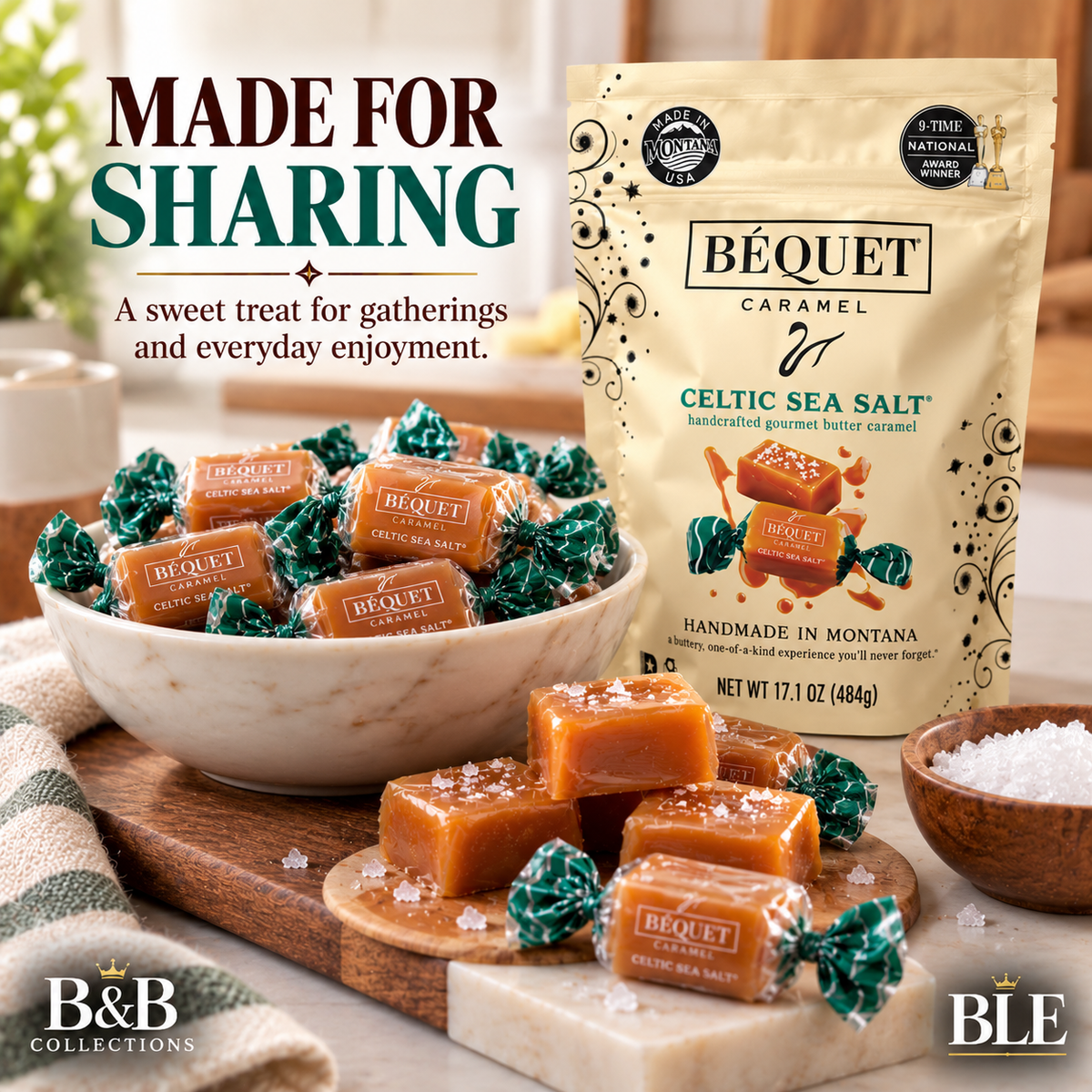 Béquet Caramel Celtic Sea Salt Gourmet Butter Caramels, Handcrafted Soft Caramel Candy, Made in Montana, 17.1 oz (484g)