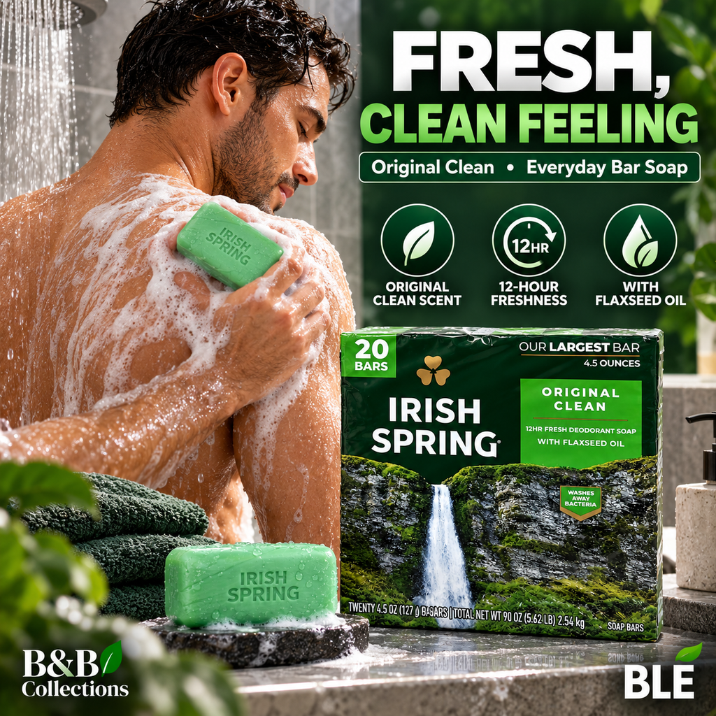 Irish Spring Original Clean Deodorant Bar Soap with Flaxseed Oil, 12-Hour Fresh, 4.5 oz Bars, 20 Count, 90 oz Total