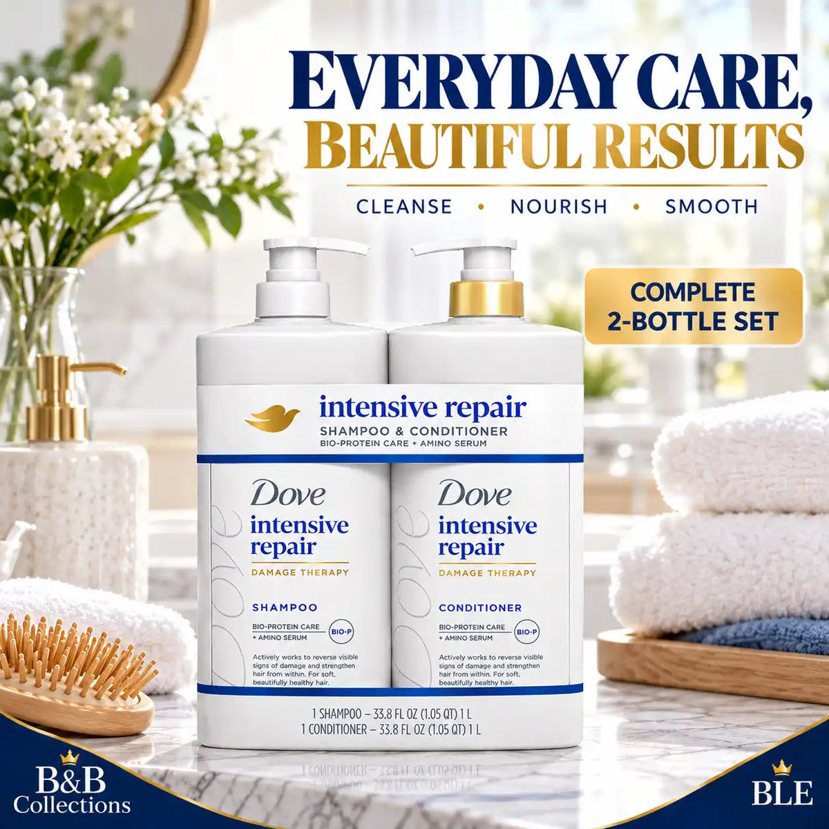 Dove Intensive Repair Shampoo & Conditioner Set, Damage Therapy with Bio-Protein Care + Amino Serum, 33.8 fl oz Each, 2 Pack, 67.6 fl oz Total
