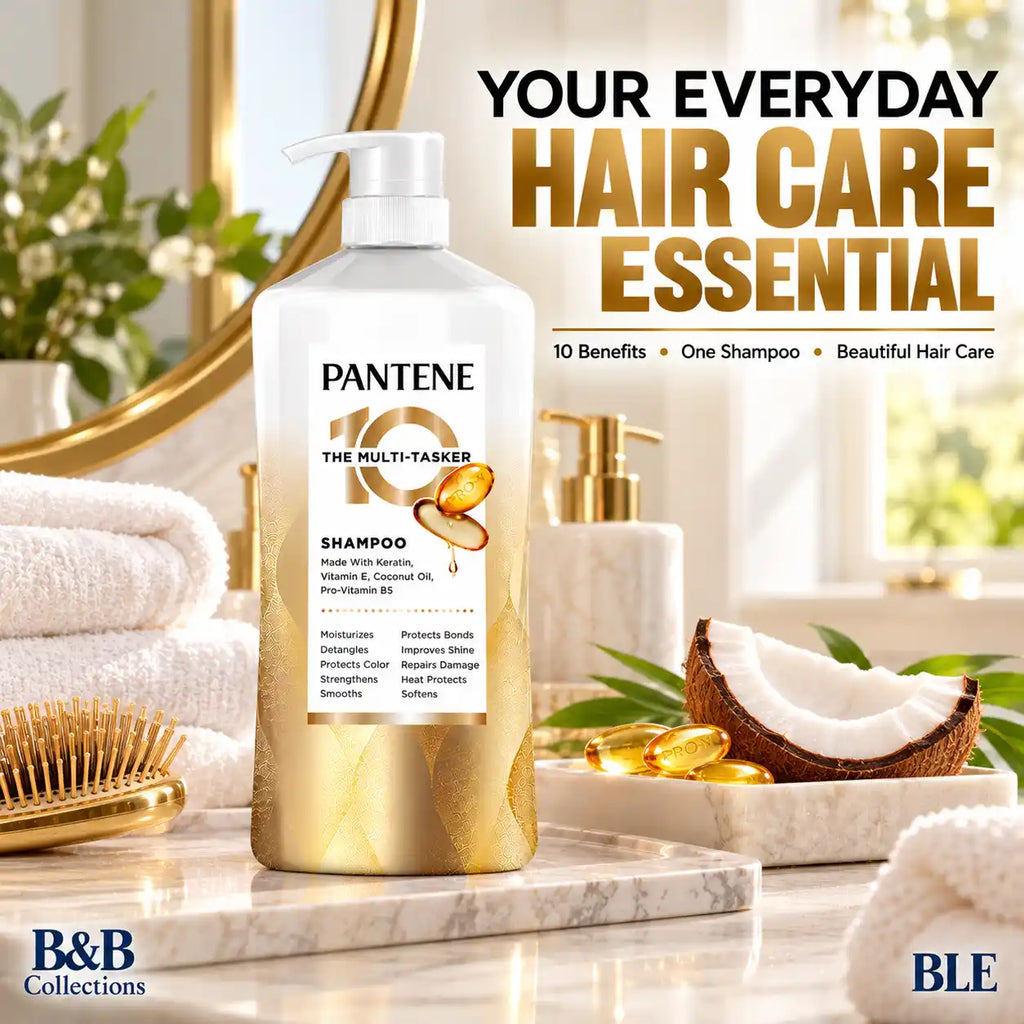 Pantene Pro-V The Multi-Tasker 10 Shampoo, 10-in-1 Hair Benefits, Keratin, Vitamin E, Coconut Oil & Pro-Vitamin B5, Moisturizing & Strengthening Hair Care, Pump Bottle