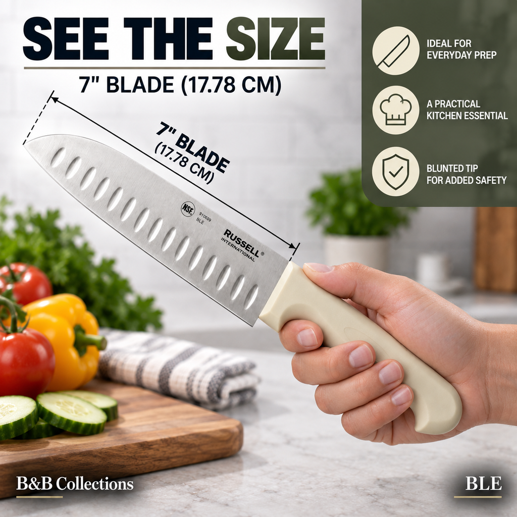 Russell International Santoku Kitchen Knives, 7 in Stainless Steel Blades, White Polypropylene Handles, 2-Pack