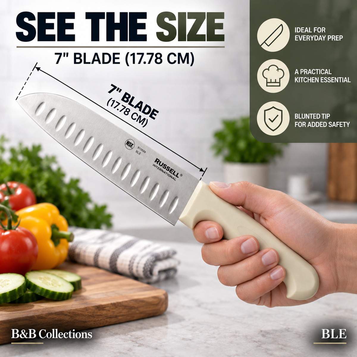 Russell International Santoku Kitchen Knives, 7 in Stainless Steel Blades, White Polypropylene Handles, 2-Pack
