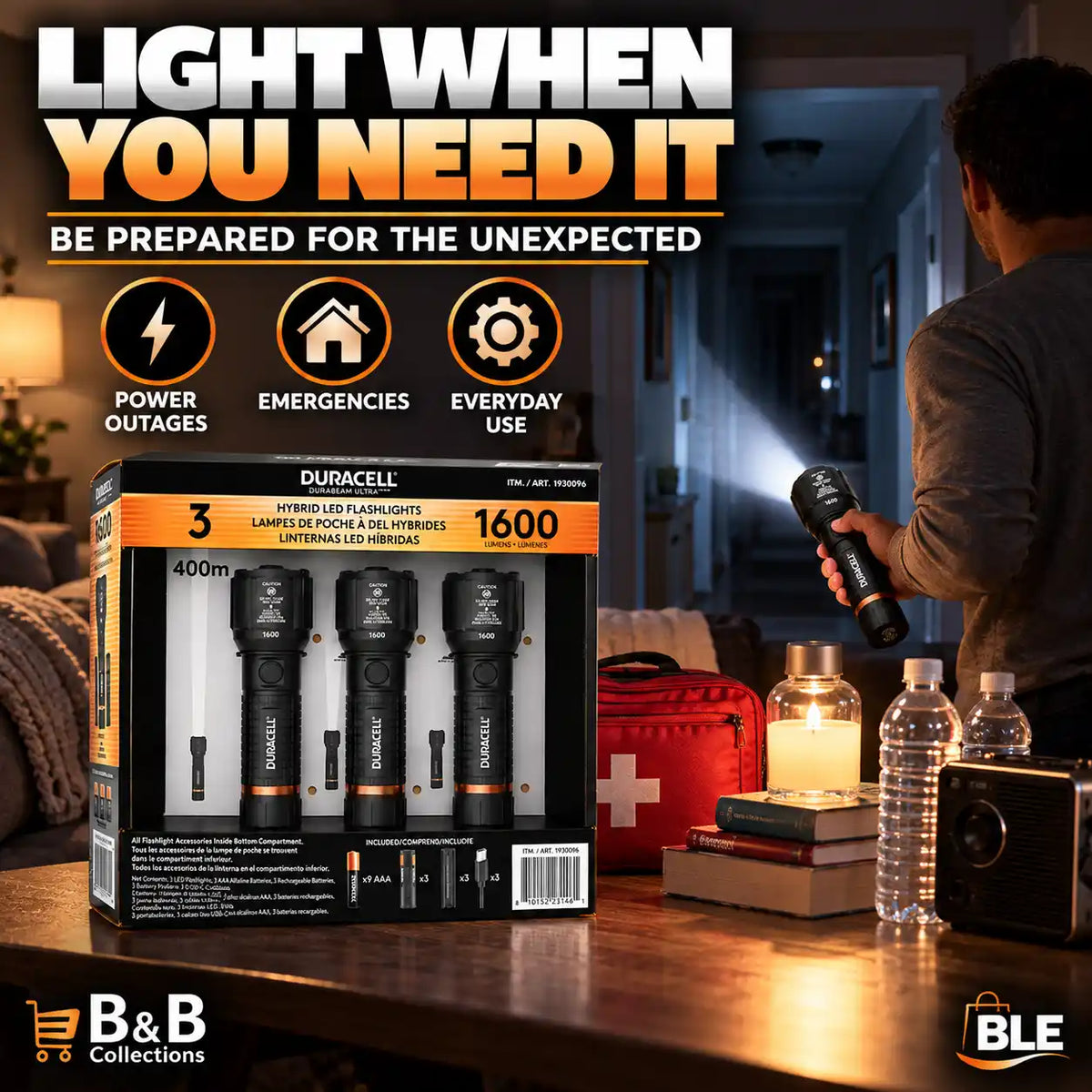 Duracell Hybrid LED Flashlights, 1600 Lumens, 400m Beam Distance, Rechargeable & Battery Powered, 3-Pack, Black