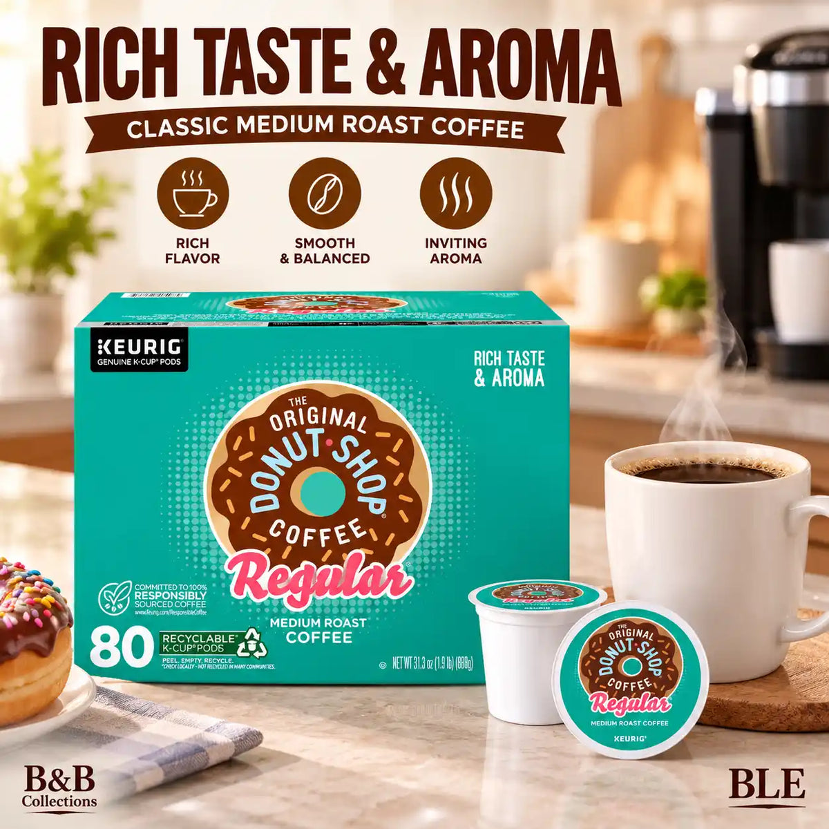 The Original Donut Shop Regular Medium Roast Coffee, Keurig Genuine K-Cup Pods, Rich Taste & Aroma, Recyclable Coffee Pods, 80 Count