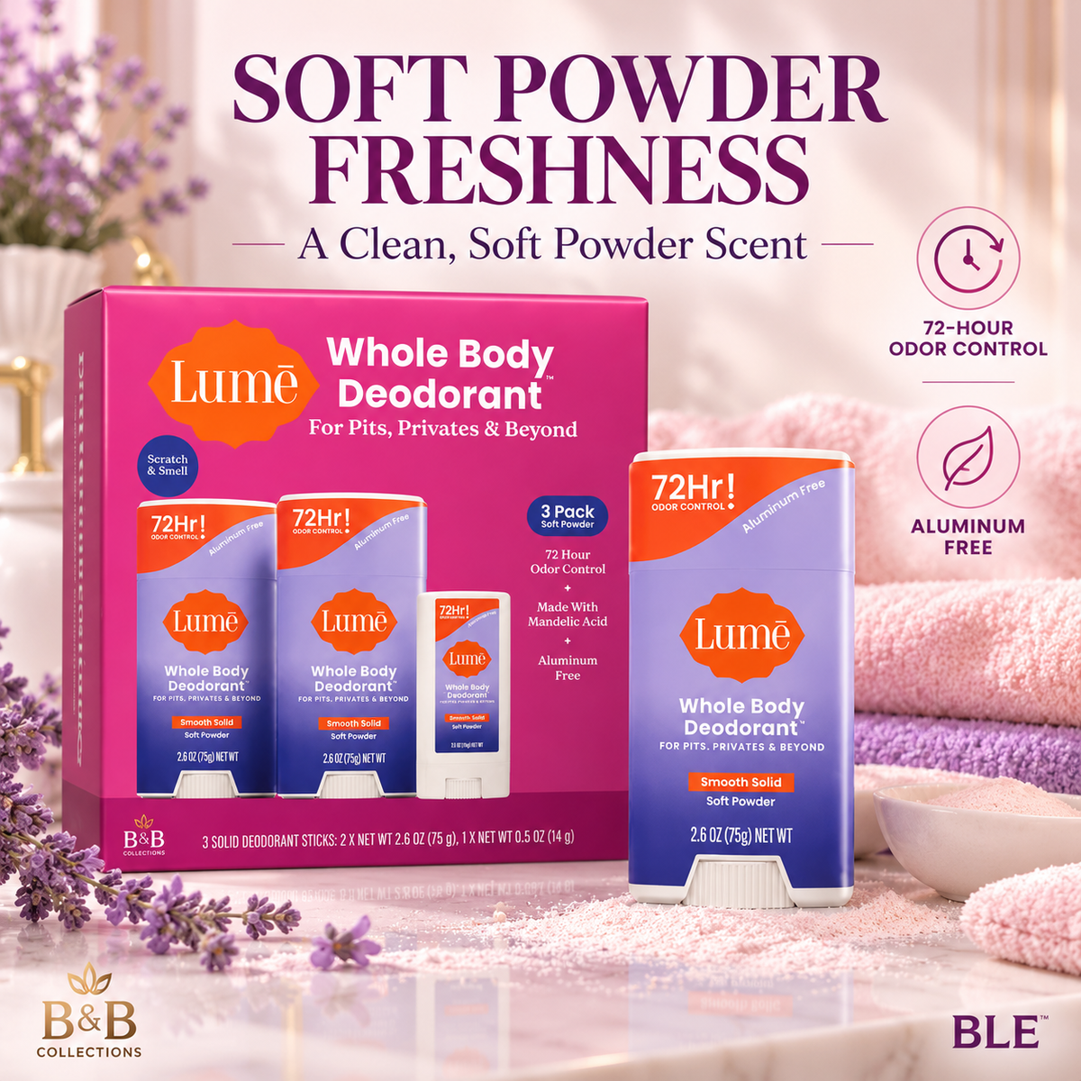 Lume Whole Body Deodorant, Soft Powder Scent, 3 Pack, Aluminum-Free, 72-Hour Odor Control, Smooth Solid Deodorant for Pits, Privates & Body, 2 Full Size + 1 Travel Size