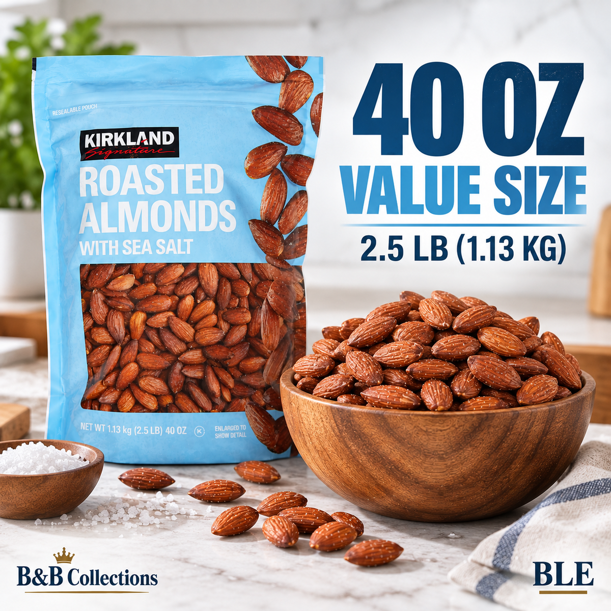 Kirkland Signature Roasted Almonds with Sea Salt, Resealable Pouch, 40 oz (2.5 lb)
