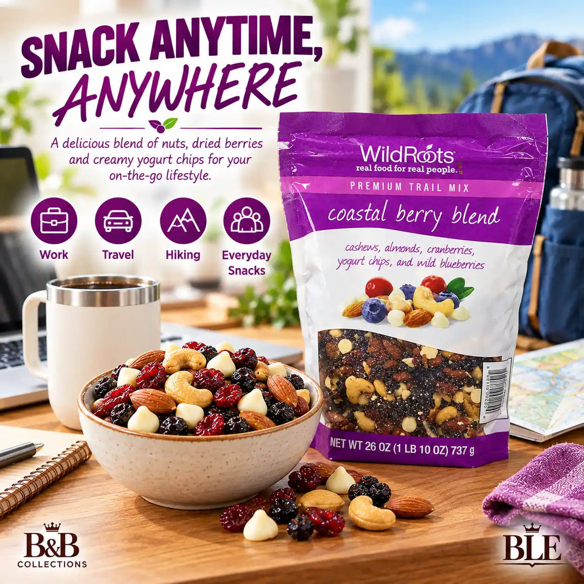 WildRoots Premium Trail Mix Coastal Berry Blend, Cashews, Almonds, Cranberries, Yogurt Chips & Wild Blueberries, 26 oz (737 g), Resealable Bag